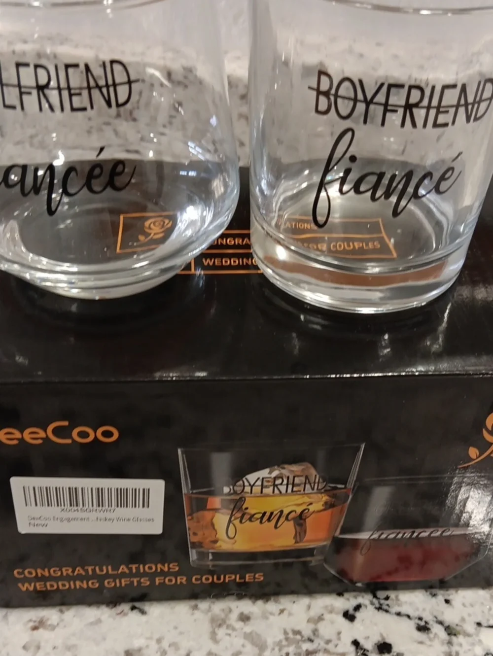 Celebration Engagement Stemless Wine Glass Set for Couples with banner